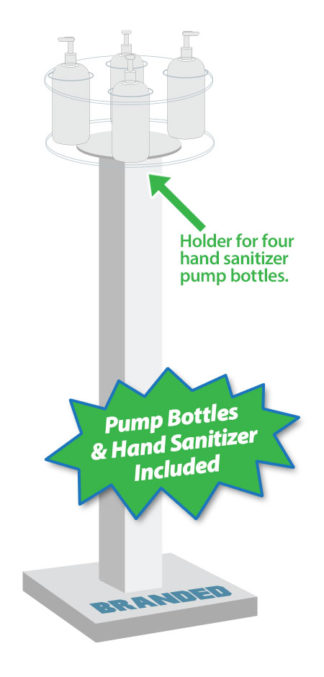hand sanitizer station with four sided pump bottles