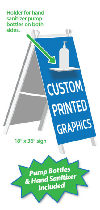 a-frame sign with hand sanitizer pump bottle and custom graphics large