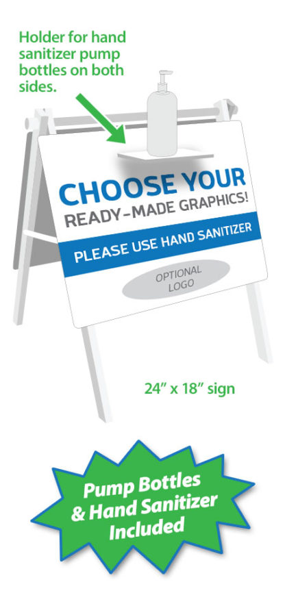 a-frame sign with hand sanitizer pump bottle and generic graphics small